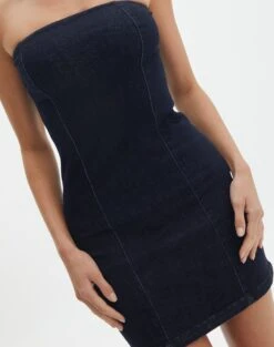 Strapless Denim Offcut Mini Dress -Swoon Fashion vn offcut denim strapless mini dress last rodeo indigo imageback ds55384vin