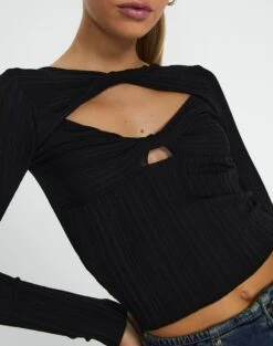 Twist Front Cut Out Long Sleeve Knit Top -Swoon Fashion volly varigated twist knit black imageback kl103057ve