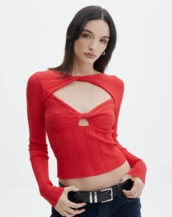 Twist Front Cut Out Long Sleeve Knit Top -Swoon Fashion volly varigated twist knit mulan red front kl103057ve