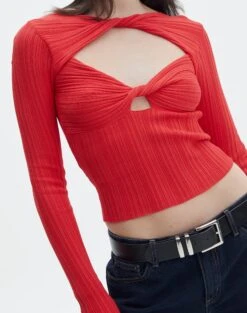 Twist Front Cut Out Long Sleeve Knit Top -Swoon Fashion volly varigated twist knit mulan red imageback kl103057ve