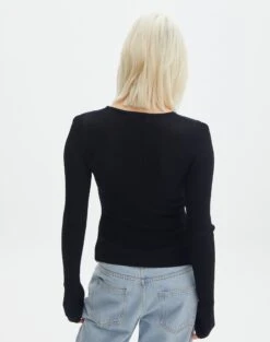 Ribbed Long Sleeve Split Side Knit -Swoon Fashion wilber wide neck black back kl124045vn