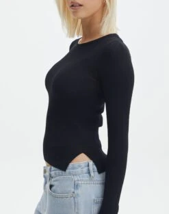 Ribbed Long Sleeve Split Side Knit -Swoon Fashion wilber wide neck black imageback kl124045vn