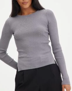 Ribbed Long Sleeve Split Side Knit -Swoon Fashion wilber wide neck keep your coal imageback kl124045vn