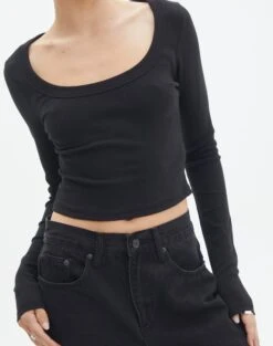 Cotton Scoop Neck Long Sleeve Top -Swoon Fashion wylie wide rib scoop black imageback tl53892prib
