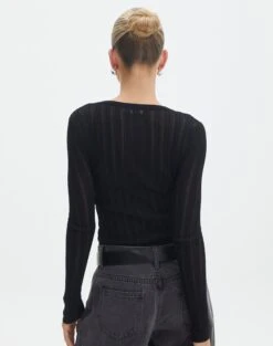 Sheer Ribbed Long Sleeve Knit Top -Swoon Fashion zara sheer crepe crew black back kl89942sc