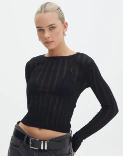 Off Shoulder Flared Long Sleeve Top -Swoon Fashion zara sheer crepe crew black front kl89942sc 12