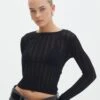 Sheer Ribbed Long Sleeve Knit Top 2 Sheer Ribbed Long Sleeve Knit Top -Swoon Fashion zara sheer crepe crew black front kl89942sc 2