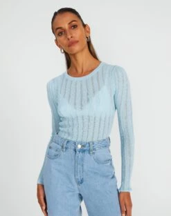 Sheer Ribbed Long Sleeve Knit Top -Swoon Fashion zara sheer crepe crew put things on ice front kl89942sc