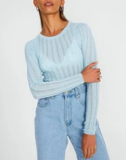 Sheer Ribbed Long Sleeve Knit Top -Swoon Fashion zara sheer crepe crew put things on ice imageback kl89942sc