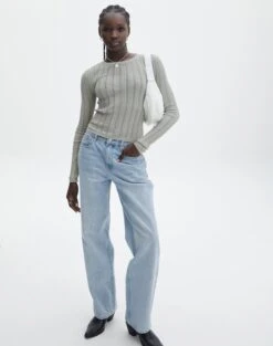 Sheer Ribbed Long Sleeve Knit Top -Swoon Fashion zara sheer crepe crew when in sprout full kl89942sc