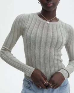 Sheer Ribbed Long Sleeve Knit Top -Swoon Fashion zara sheer crepe crew when in sprout imageback kl89942sc